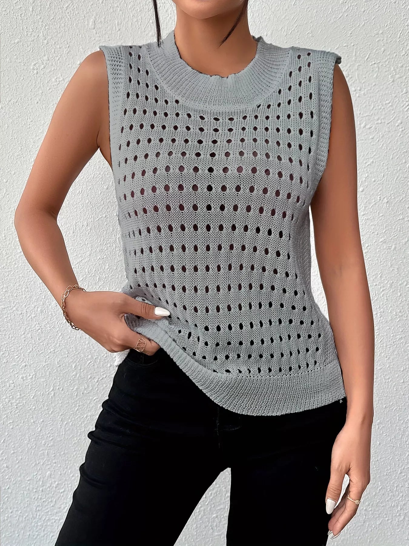 Hollow Out Round Neck Knit Tank