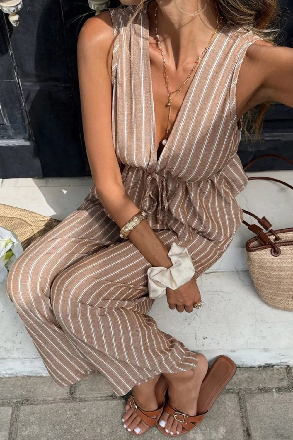 Striped Sleeveless Top and Wide Leg Pants Set