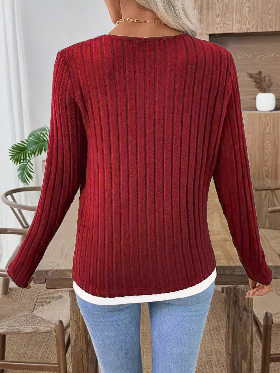 Ribbed Knit Long Sleeve Fake Two-Piece T-Shirt