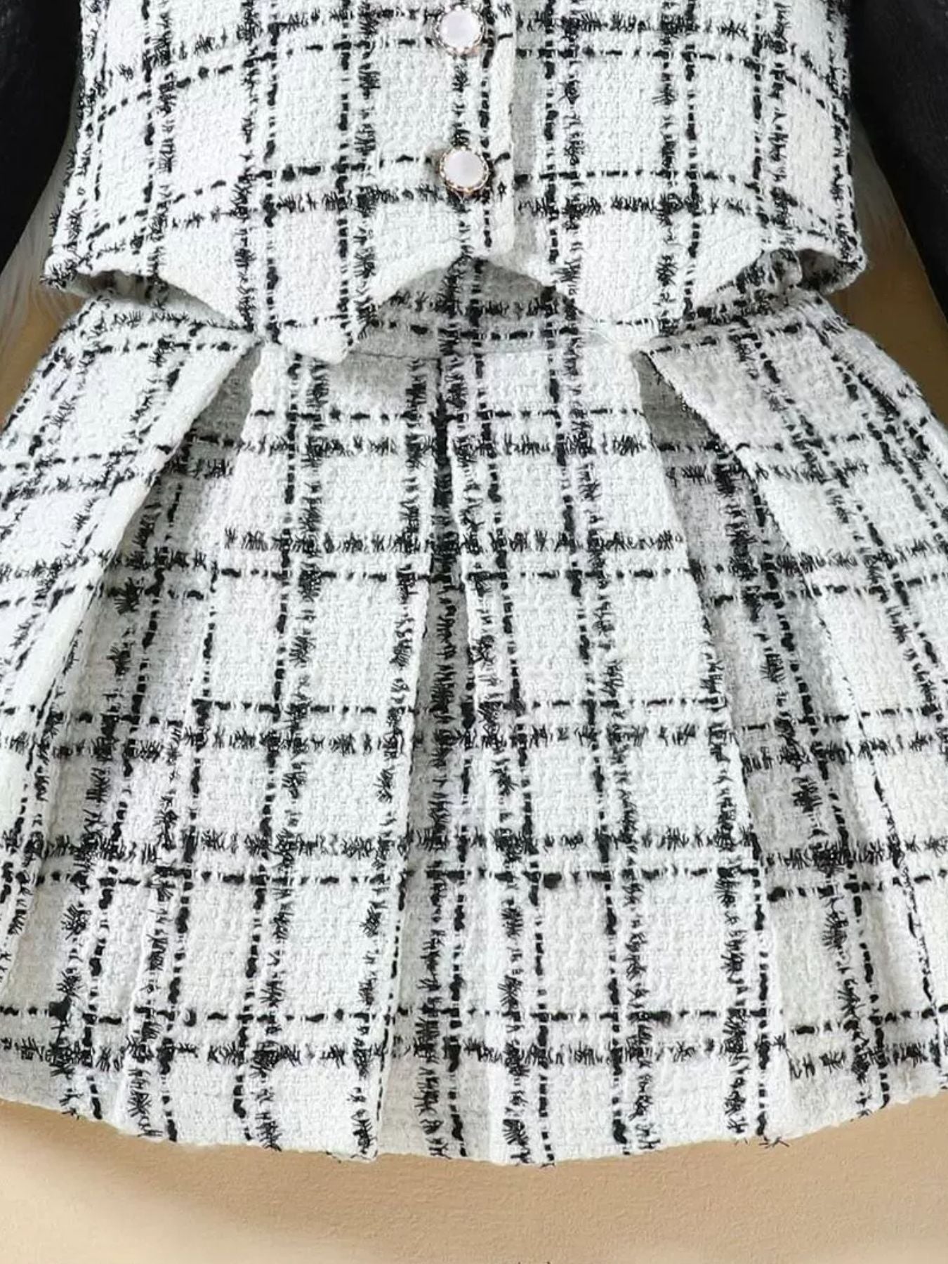 Children's Long Sleeve Top & Plaid Vest & Pleated Skirt Set