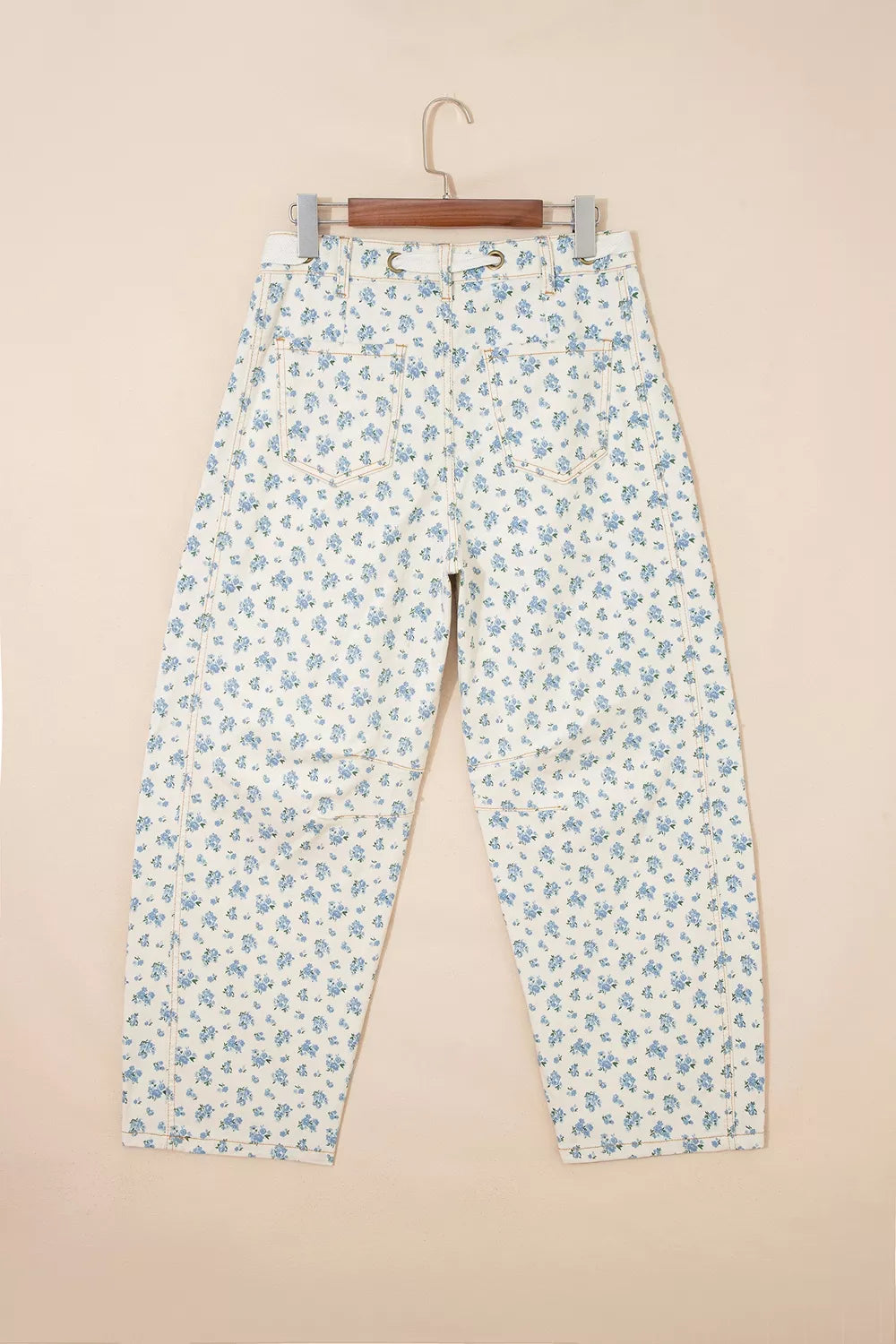 Grommet Knot Waist Floral Barrel Leg Jeans