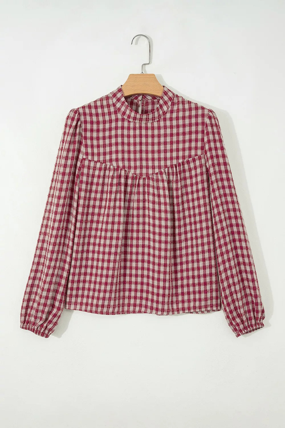 Country Plaid Long Sleeve Button Keyhole Pleated Loose Blouse