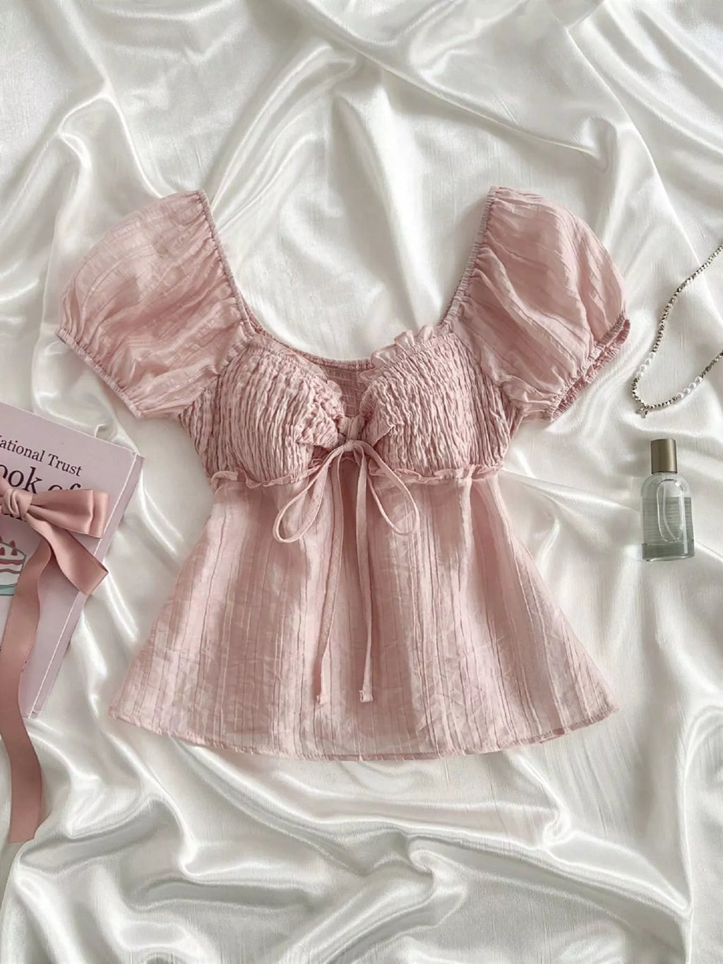 Sweetheart Neck Puff Sleeve Smocked Blouse