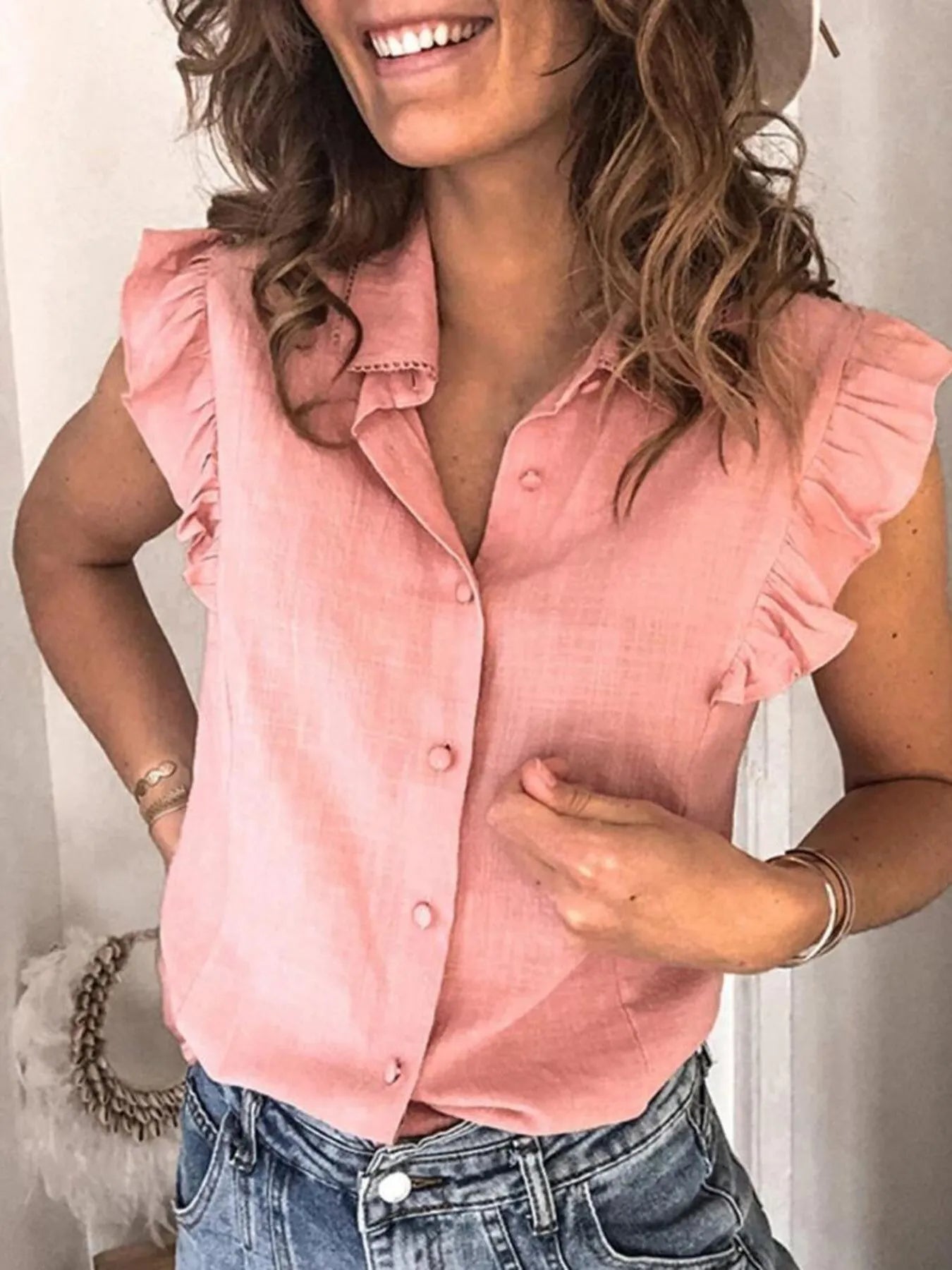 Ruffle Sleeve Button-Up Shirt