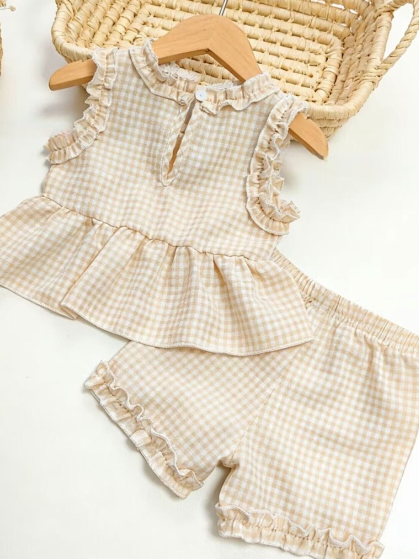 Children's Gingham Ruffle Trim Tank Top & Shorts Set