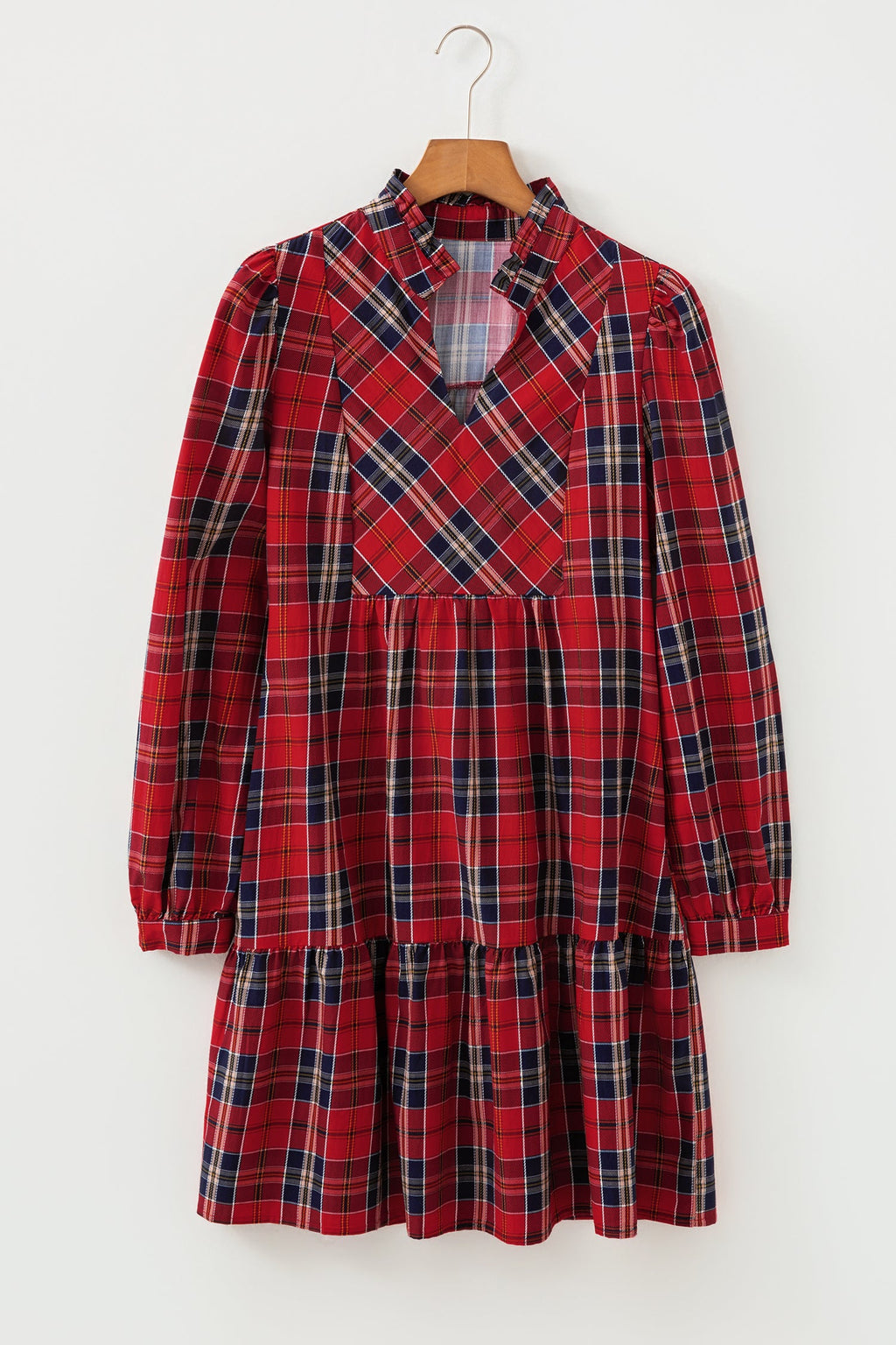 Plaid Print Frilly Collar Long Sleeve Shift Mini Dress