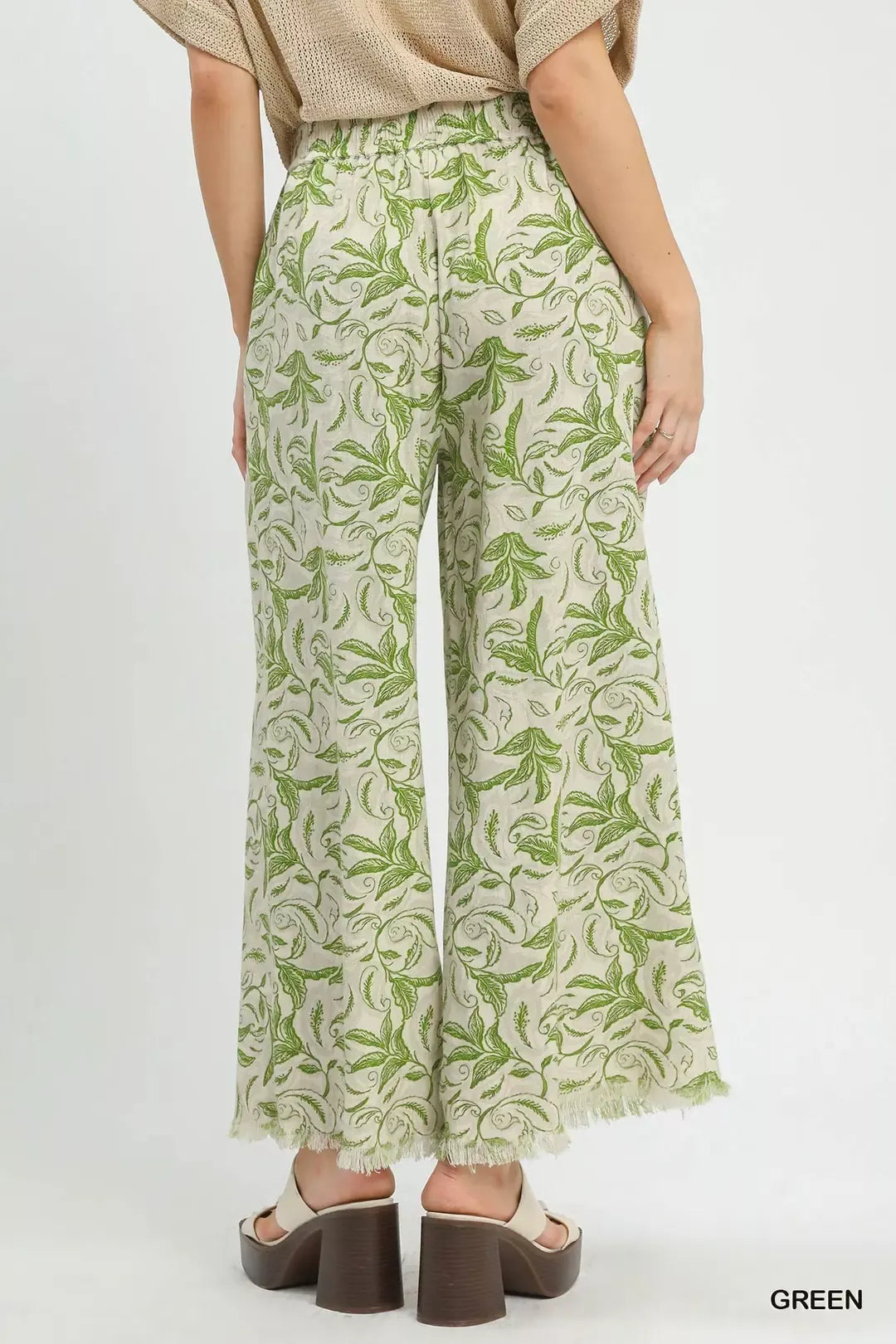 Umgee Linen Printed Wide Leg Raw Hem Pants