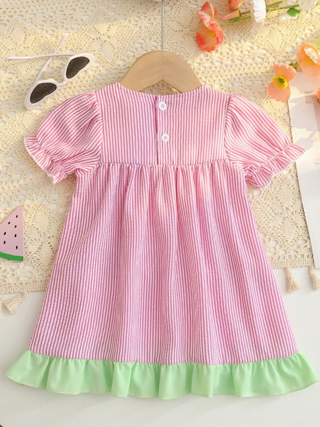Children's Fruit Embroidered Striped Short Sleeve Dress