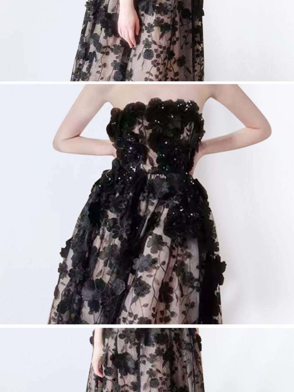 Strapless Floral Applique Midi Dress