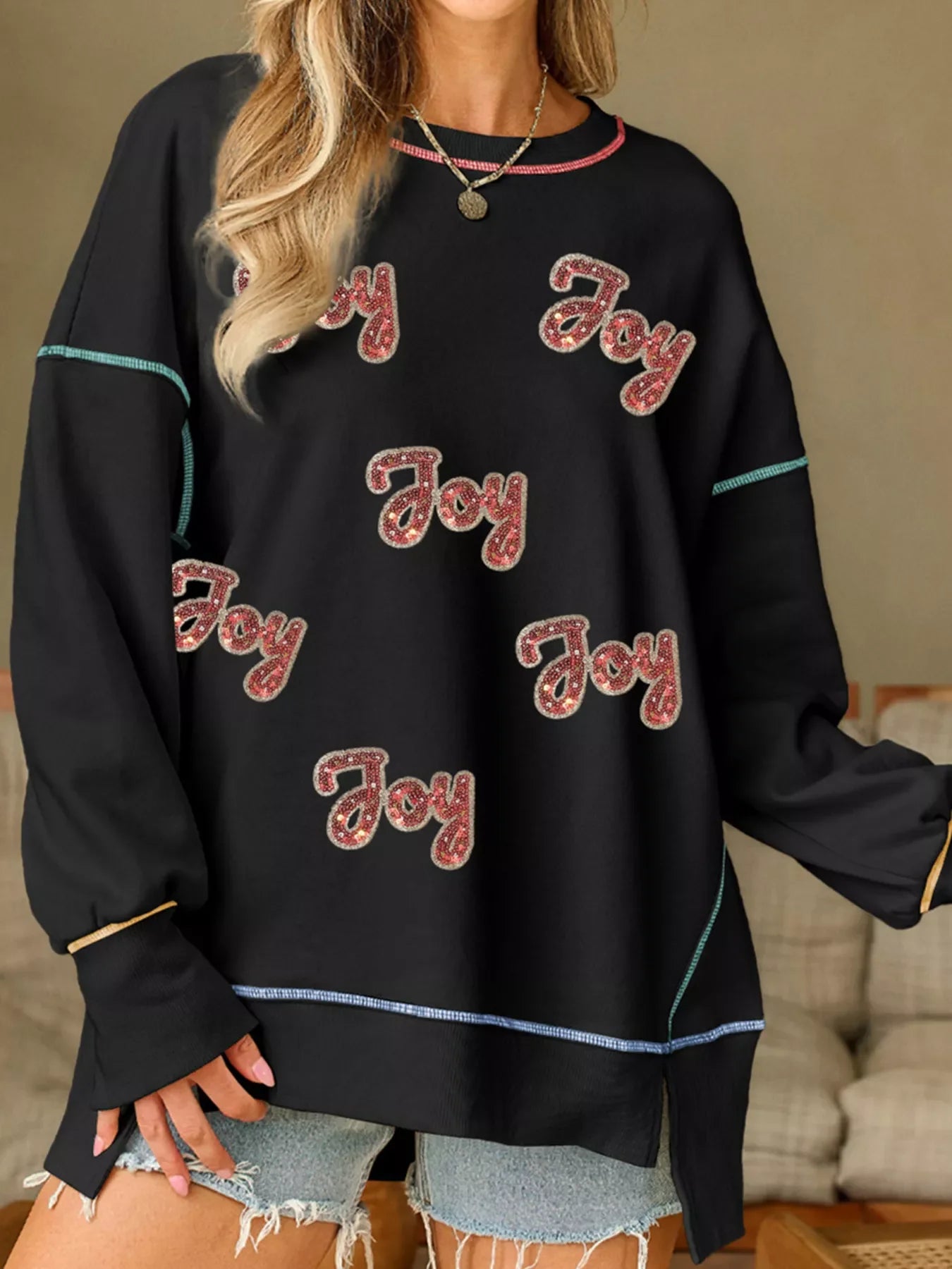 Sequin Joy Letter Graphic Contrast Seam Detail Drop Shoulder Sweatshirt