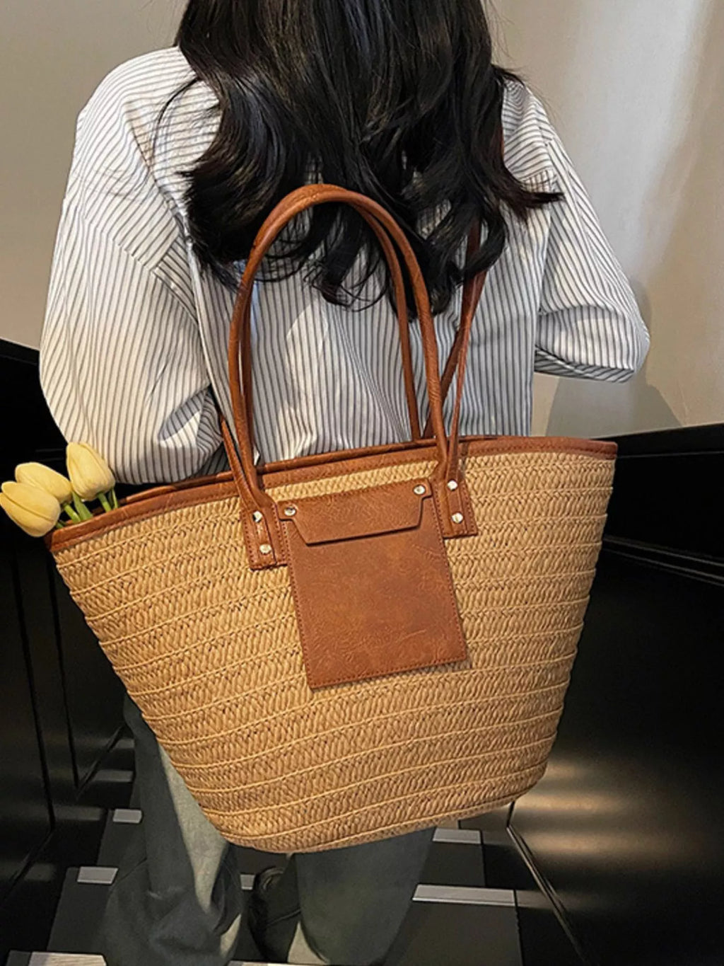 Straw Woven Shoulder Bag with Leather Accents