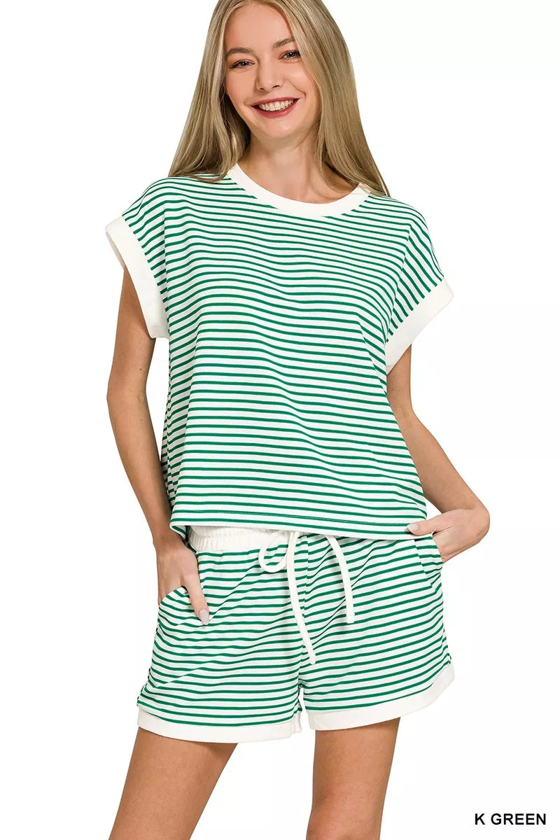 Zenana Stripe Contrast Trim Top & Shorts Set