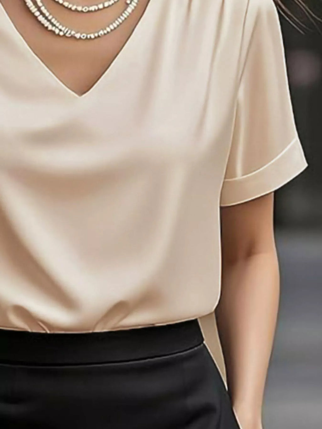 V-Neck Short Sleeve Satin Blouse