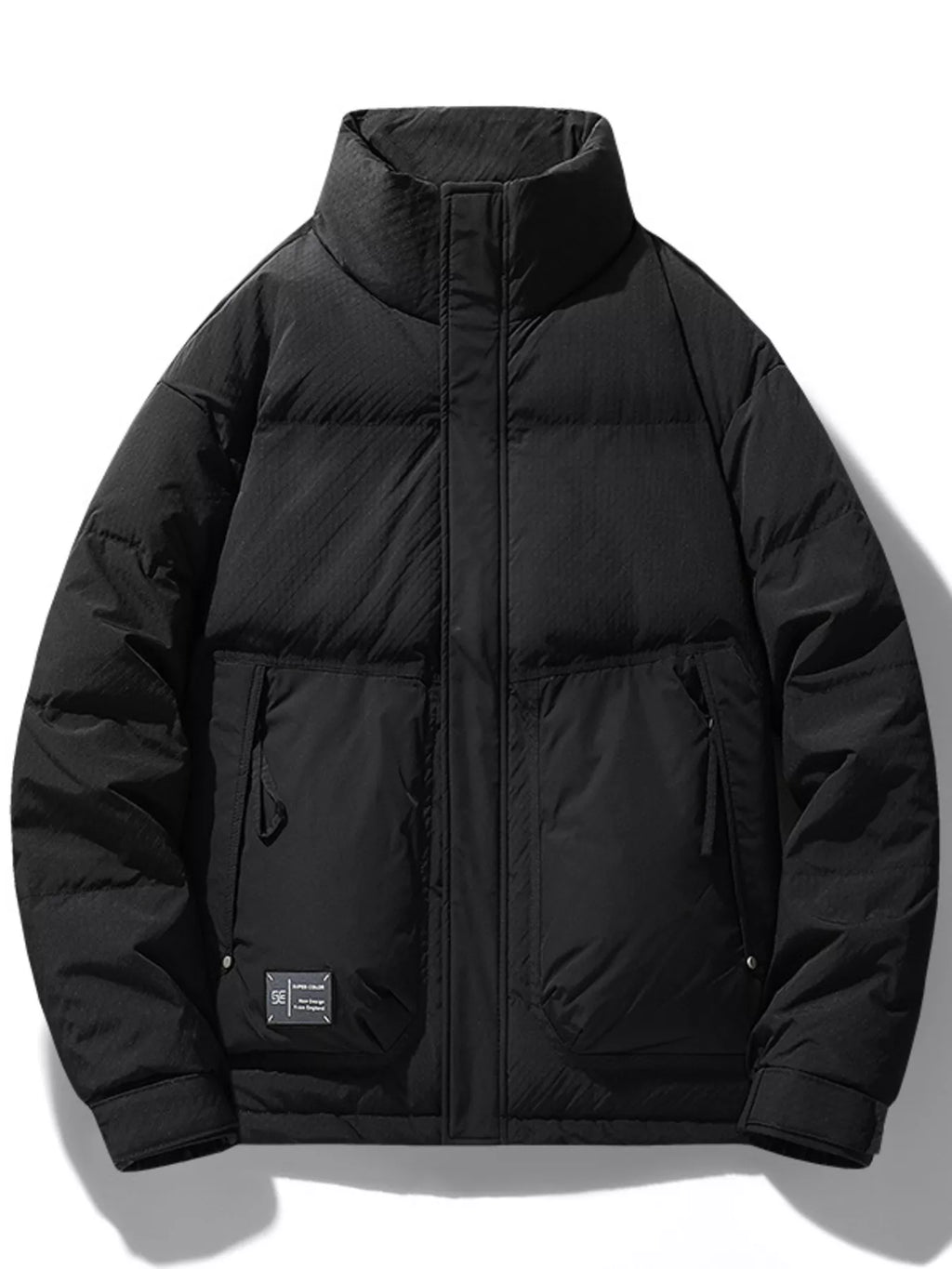 Men's Plus Size Stand Collar Puffer Jacket with Side Zipper Pockets