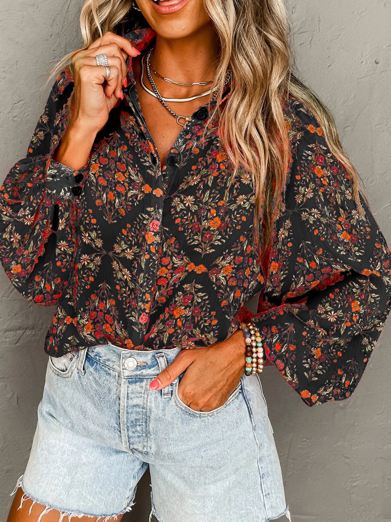 Floral Print Lantern Sleeve Loose Shirt