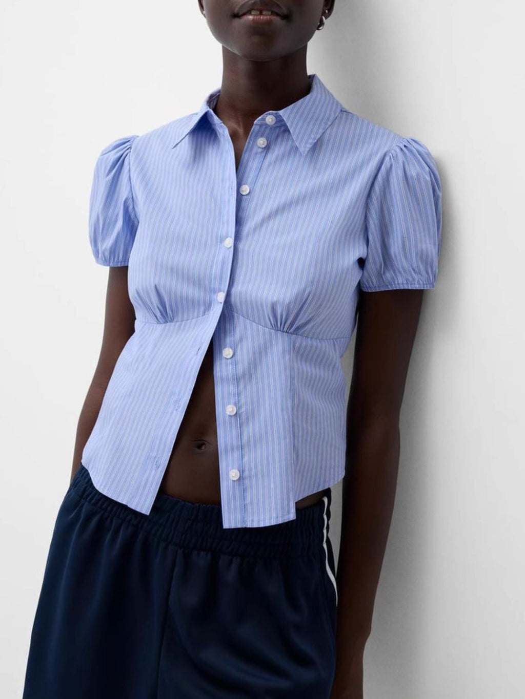 Striped Button Up Puff Sleeve Shirt