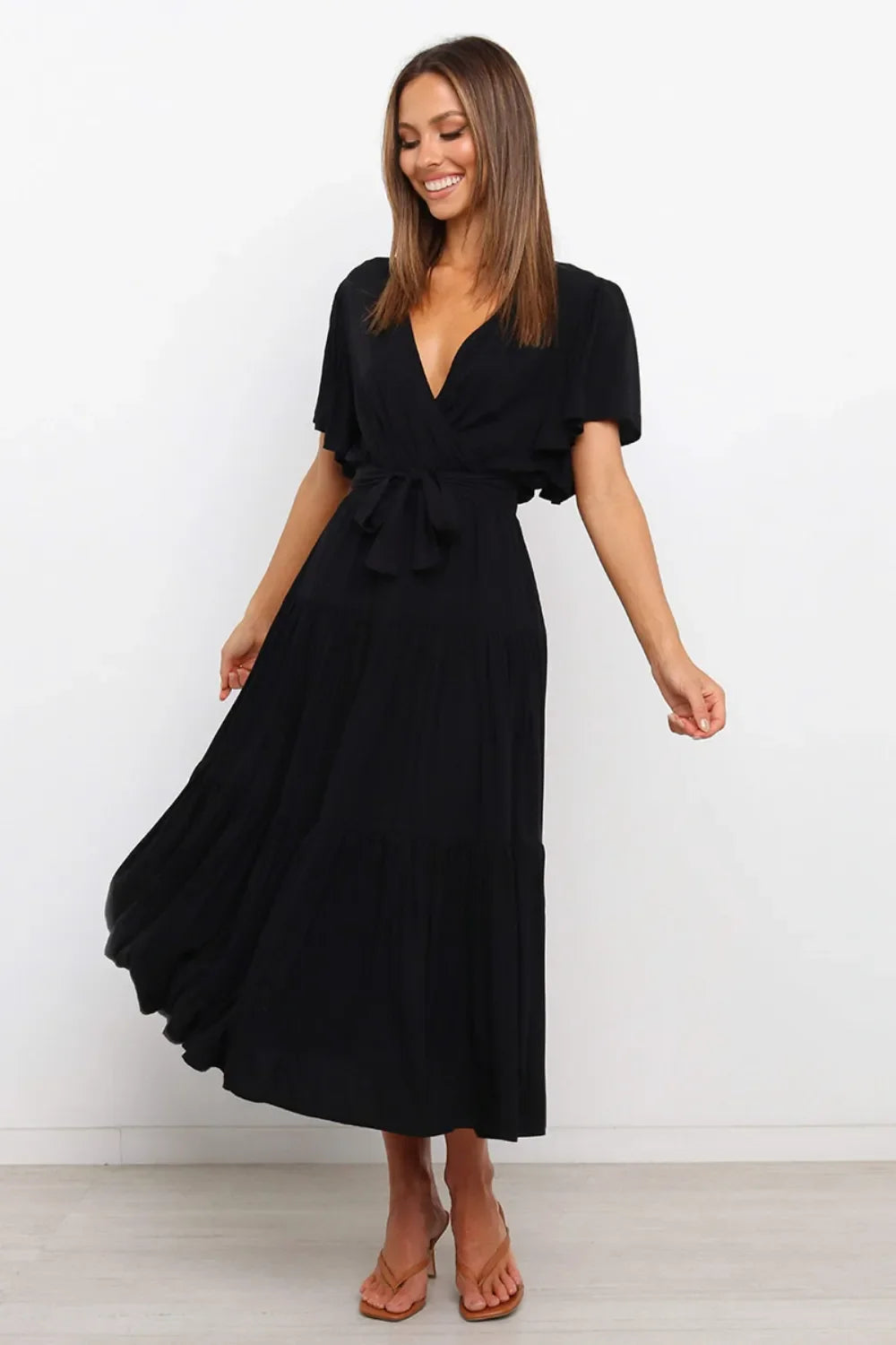 Front Tie Short Sleeve Tiered Midi Dress