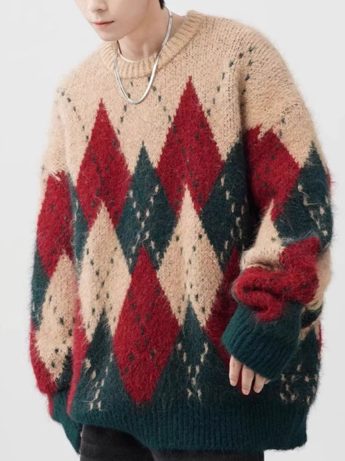 Men's Plus Size Argyle Knit Round Neck Sweater