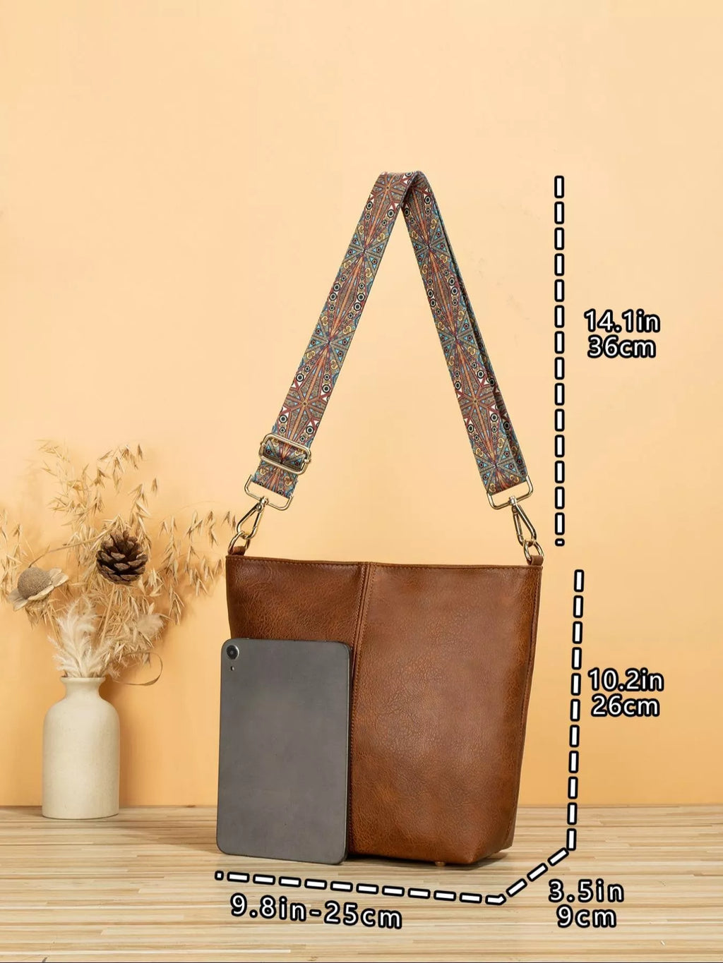 PU Leather Crossbody Bag with Patterned Strap