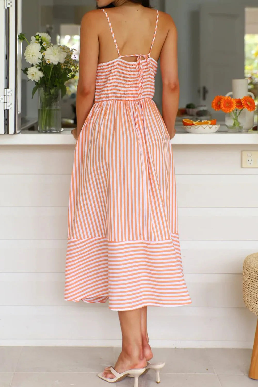 Smocked Back Striped Sleeveless Midi Dress