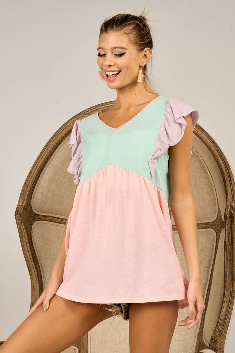 BiBi Triblend Color Block Ruffled Sleeve Babydoll Top