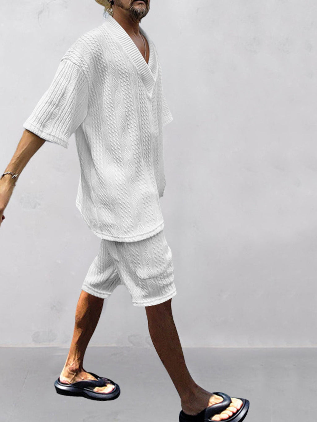 Men's Full Size Casual Knit V-Neck Short Sleeve Top and Shorts Set Plus Size