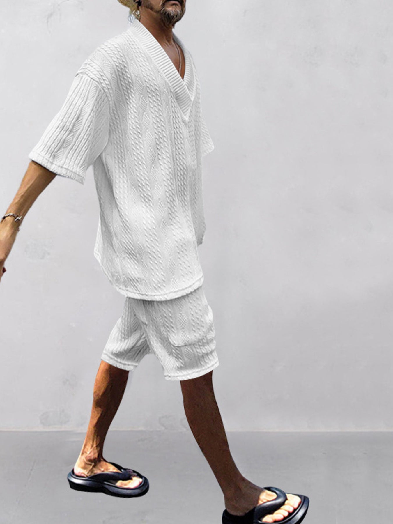 Men's Full Size Casual Knit V-Neck Short Sleeve Top and Shorts Set Plus Size