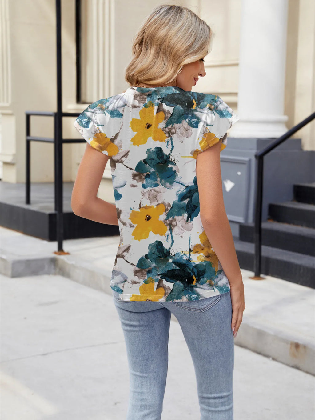 Floral Print V-Neck Cap Sleeve Casual Summer Blouse