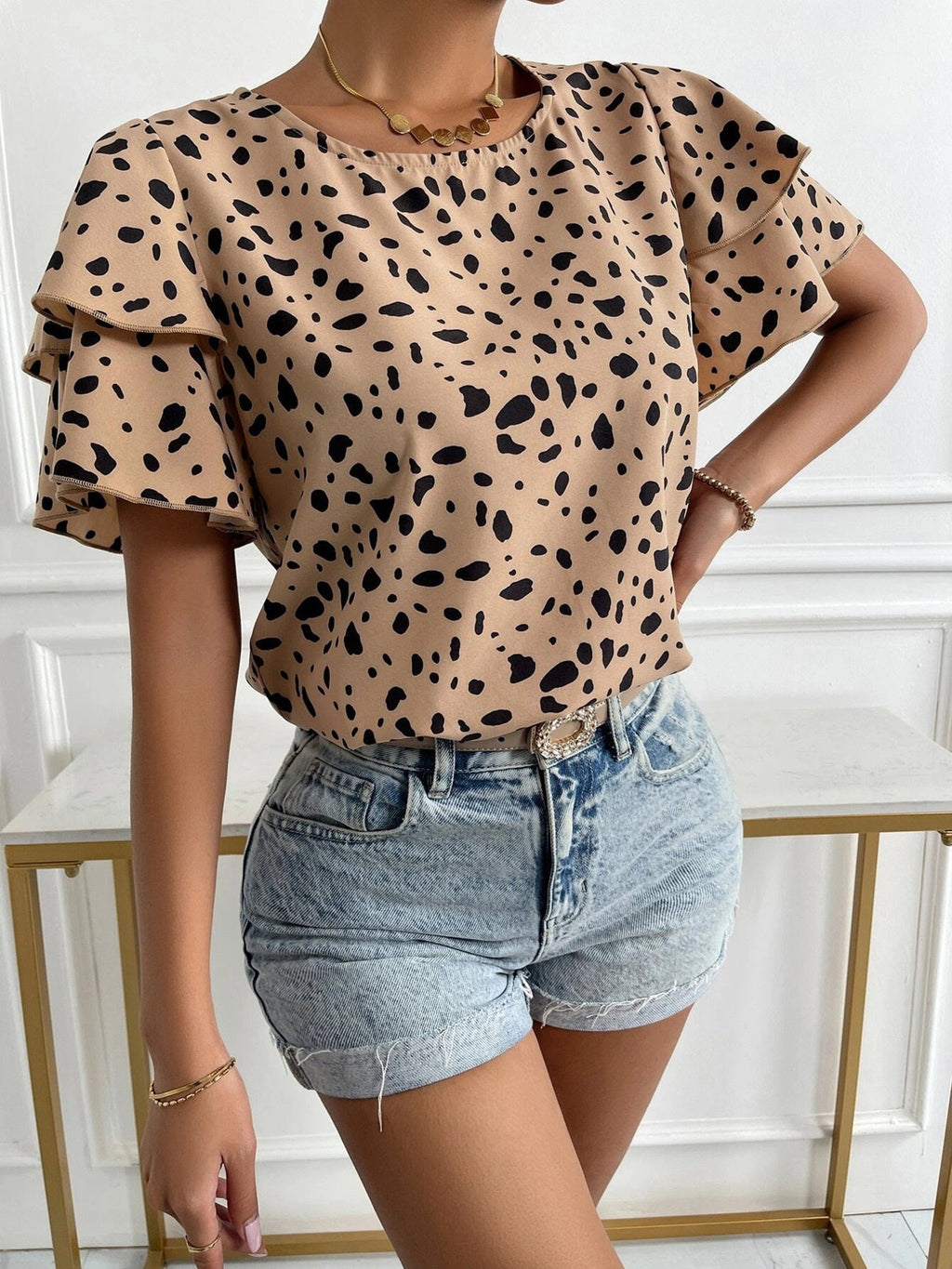 Animal Print Ruffle Sleeve Blouse