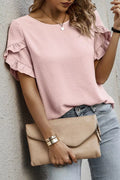 Solid Color Ruffle Trim Short Sleeve Blouse