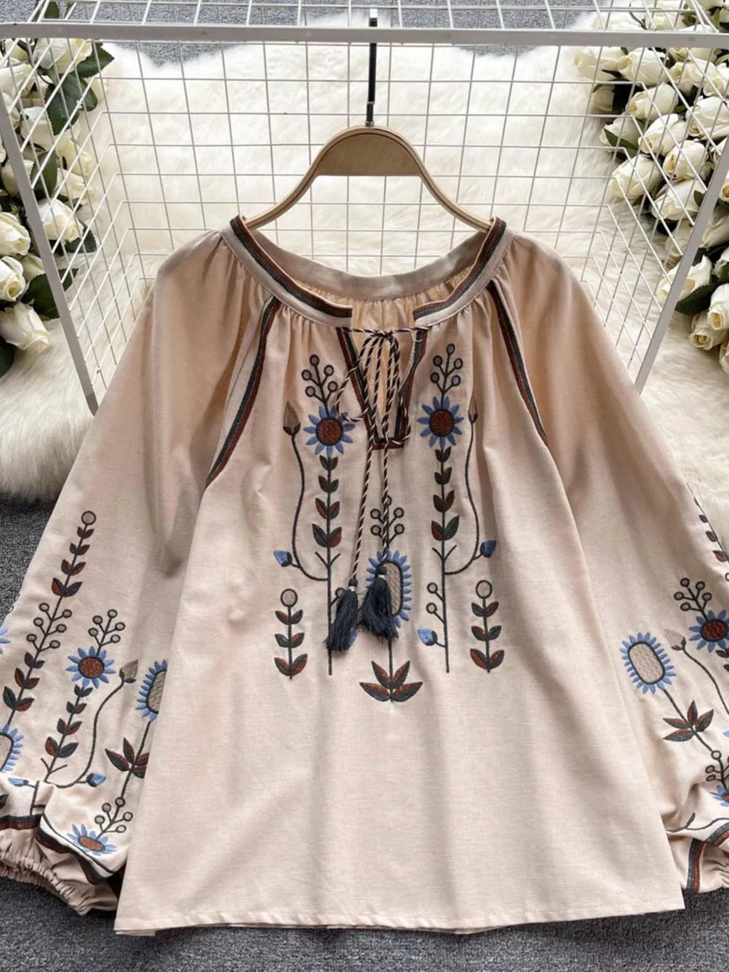 Embroidered Tie Neck Blouse