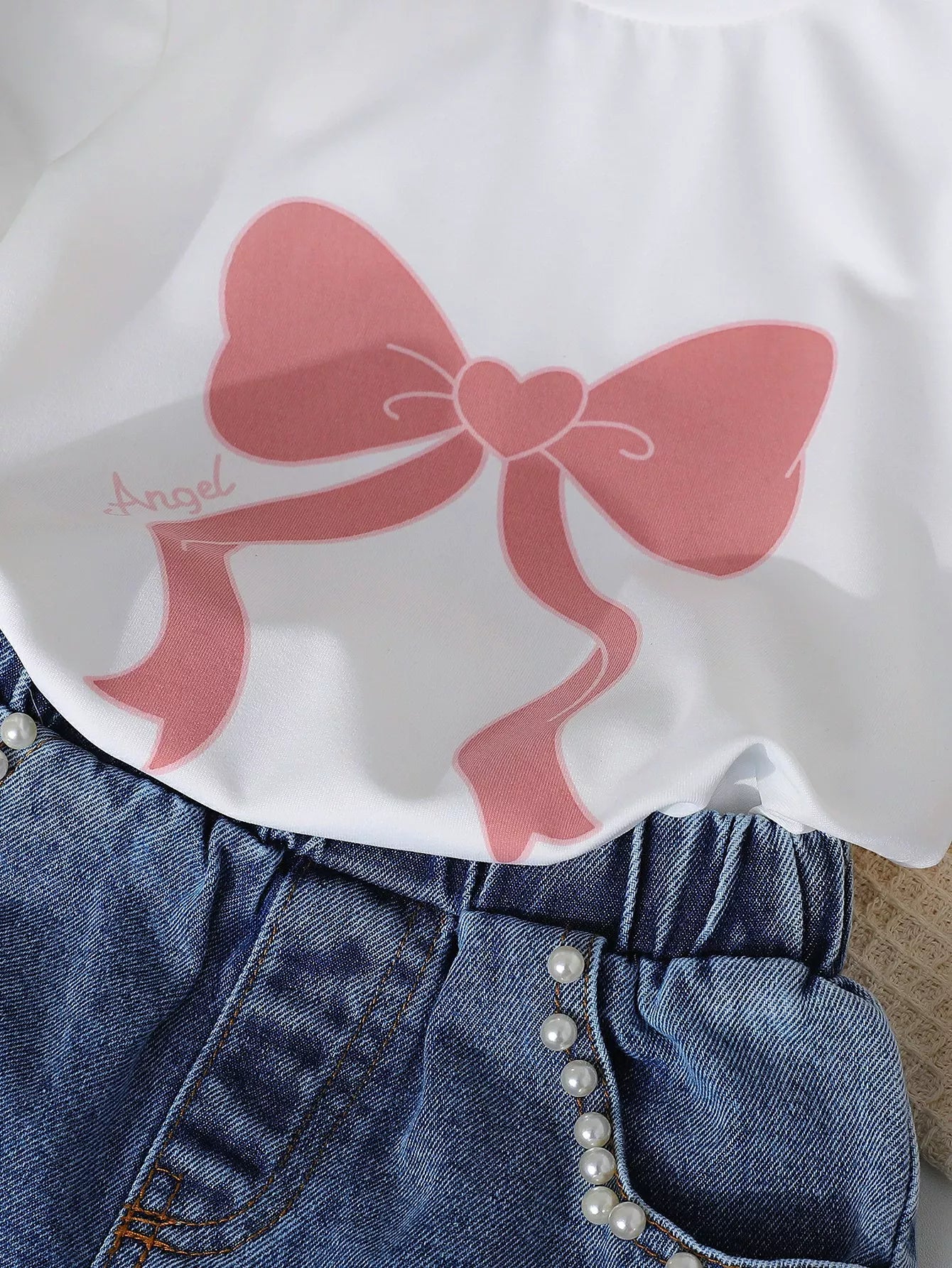 Children's Bowknot T-shirt and Denim Shorts Set