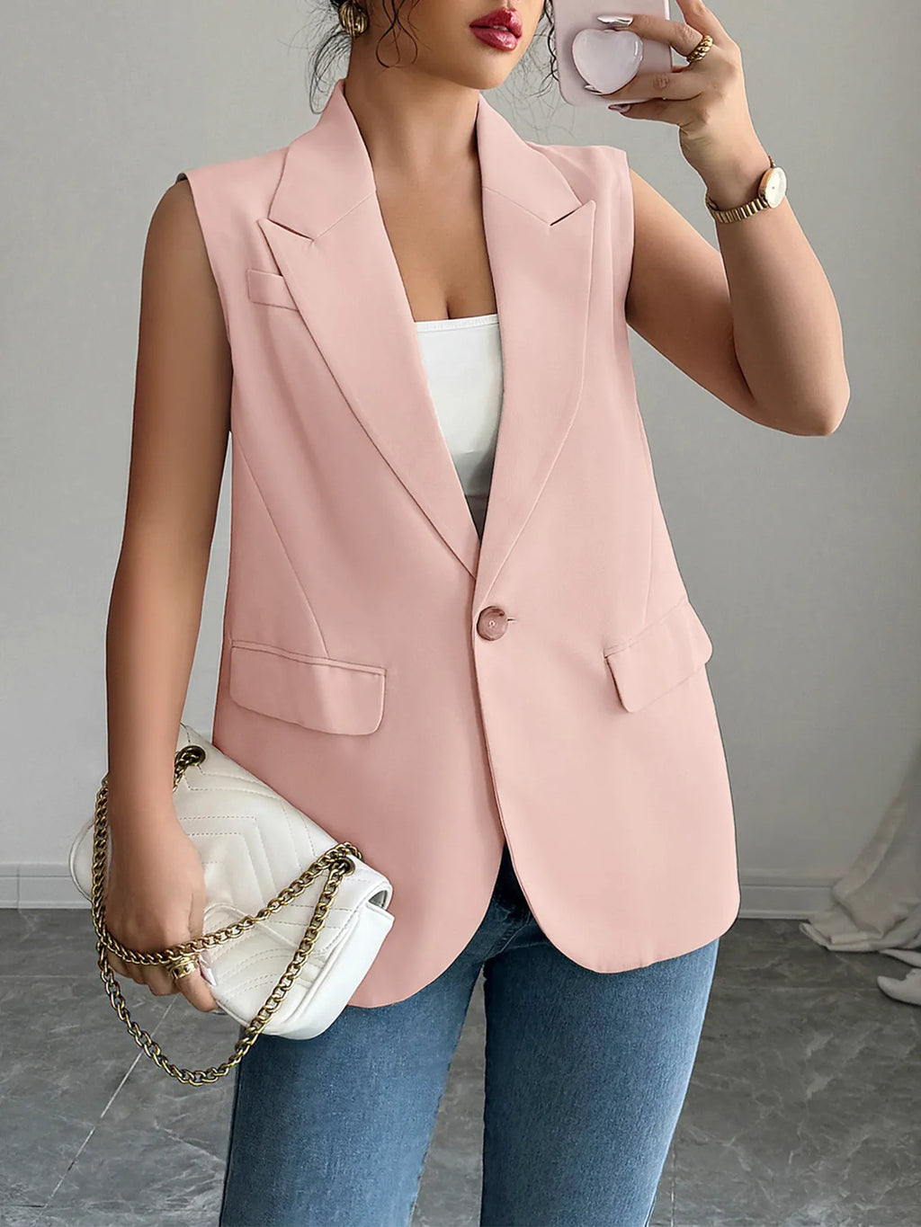 One Button V-Neck Blazer Vest Coat