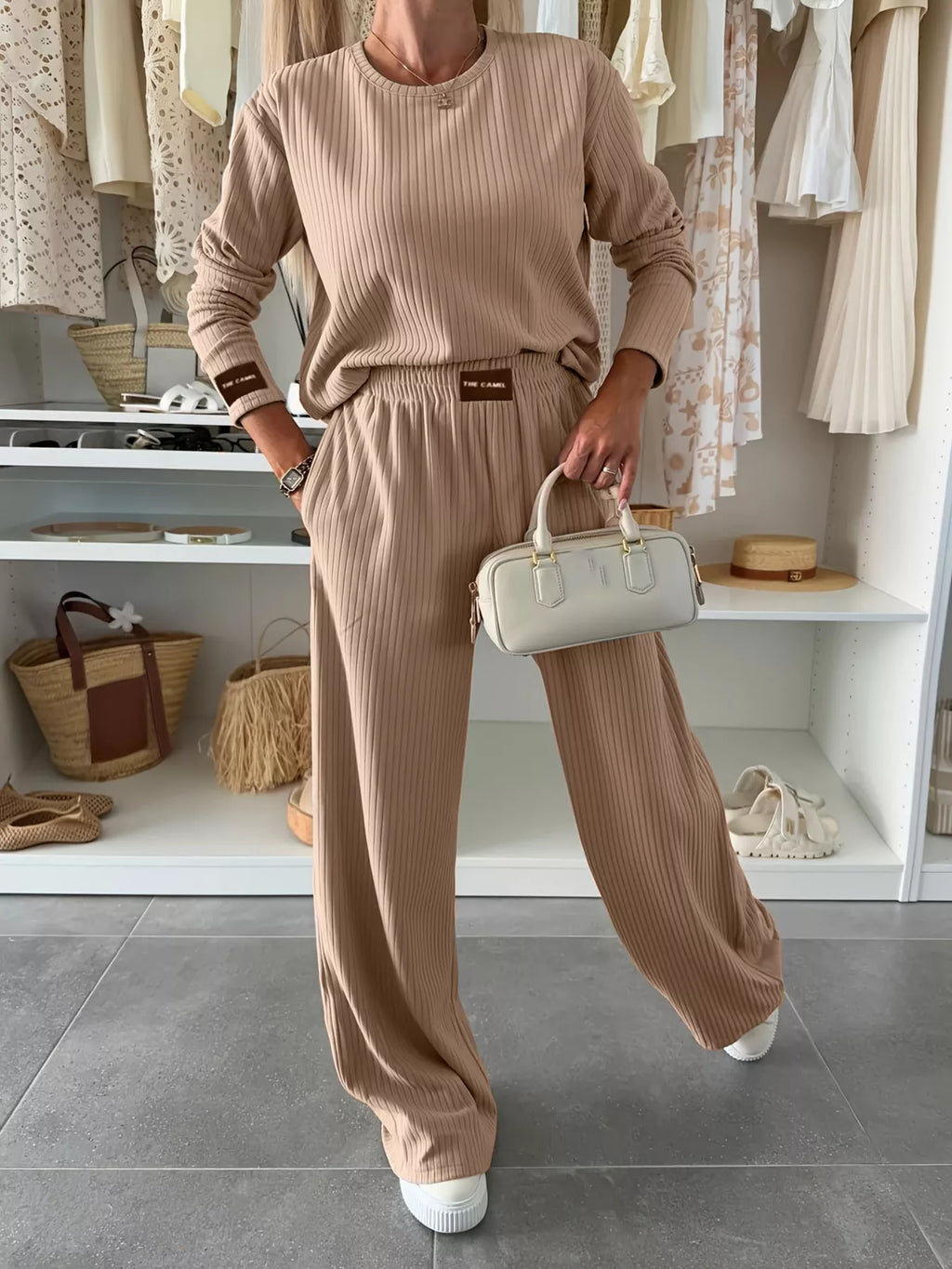 Ribbed Knit Round Neck Top and Pants Set
