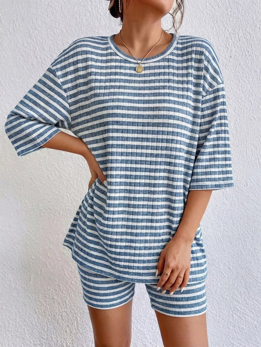 Striped Round Neck Top and Shorts Set