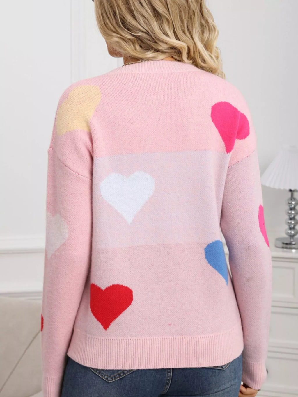 Valentine's Day Heart Round Neck Dropped Shoulder Sweater