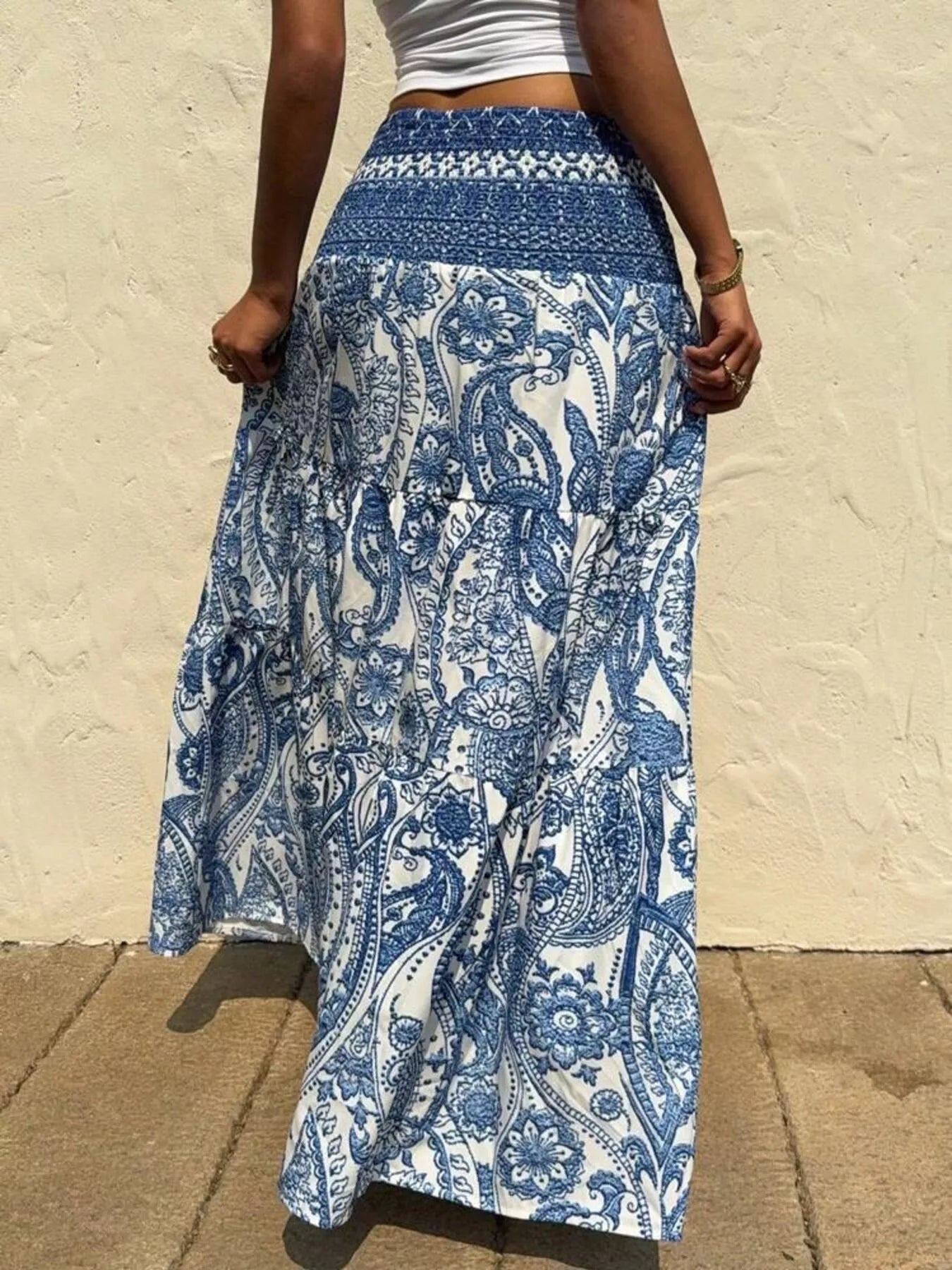Paisley Print Tiered Maxi Skirt