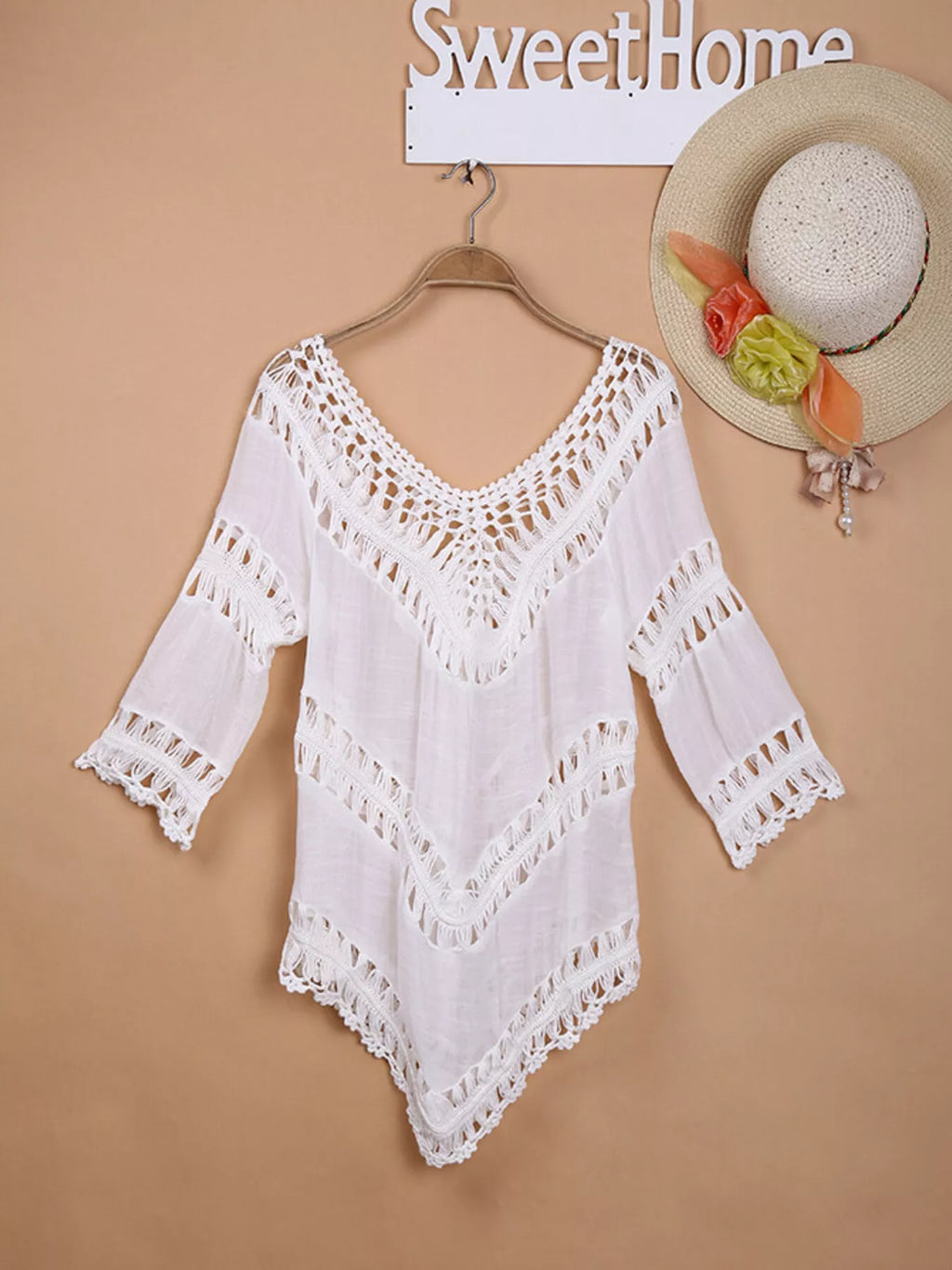 Crochet Trim V-Neck Cover Up