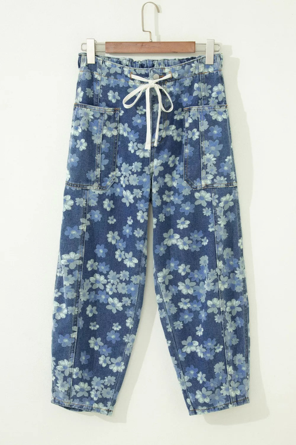 Dainty Floral Printed Drawstring Barrel Jeans