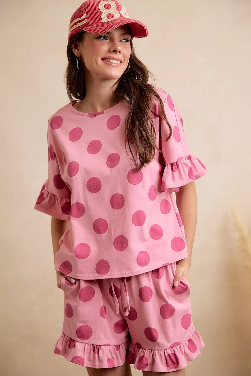 BiBi Polka Dots Printed Ruffled Detail Top And Shorts Set