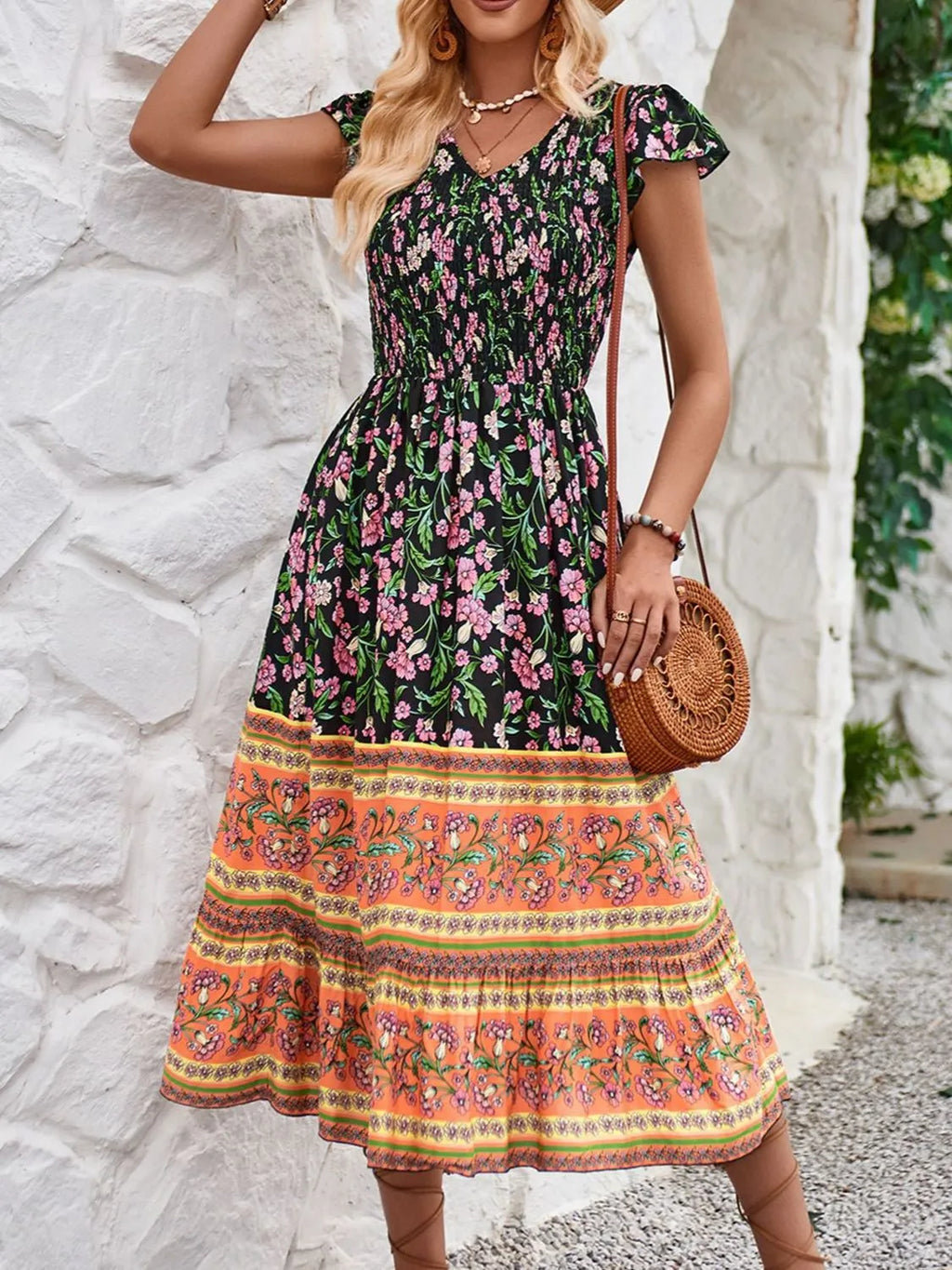 Printed Round Neck Cap Sleeve Dress