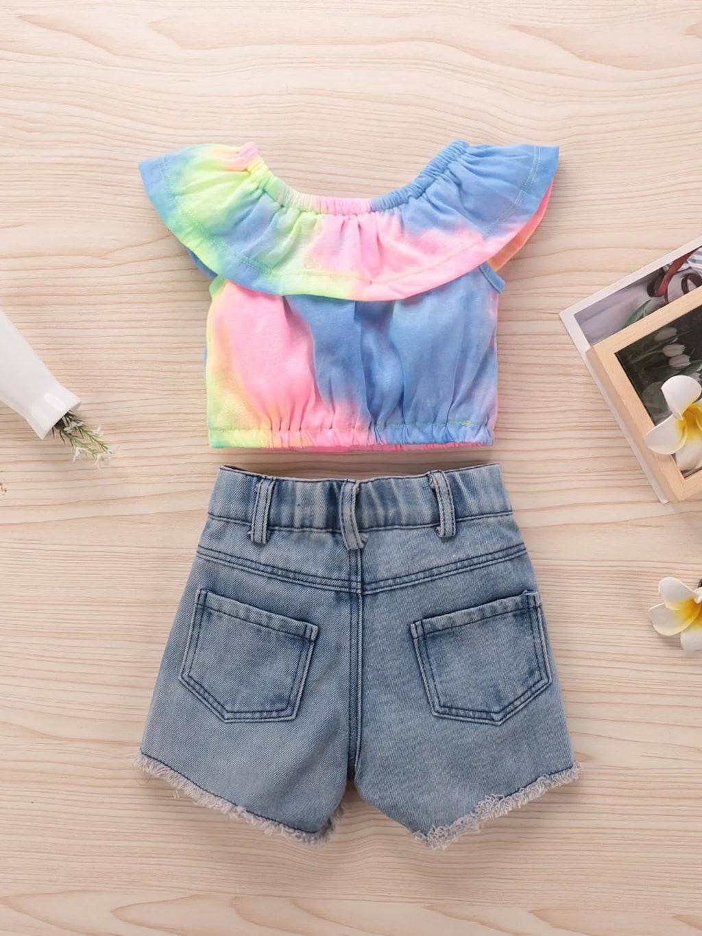 Children's Tie-Dye Ruffle Crop Top and Distressed Denim Shorts Set