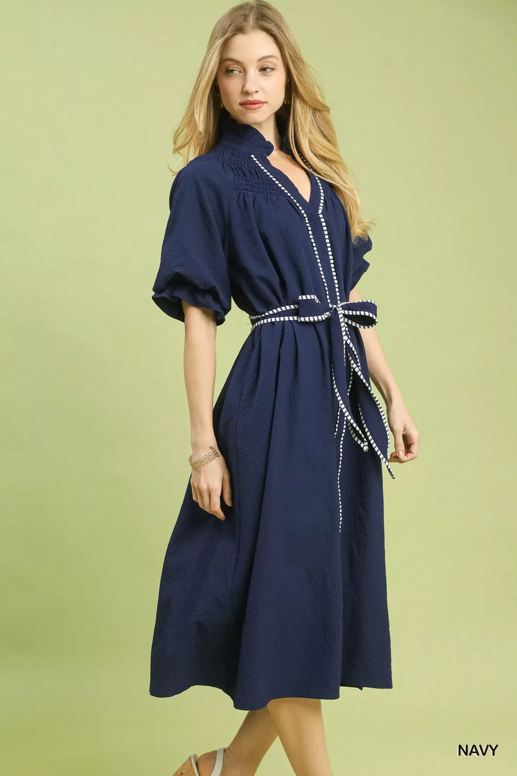 Umgee Ruffle Collar Midi Dress with Stripe Trim