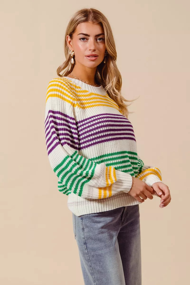 SO ME Mardi Gras Color Striped Raglan Sweater Top