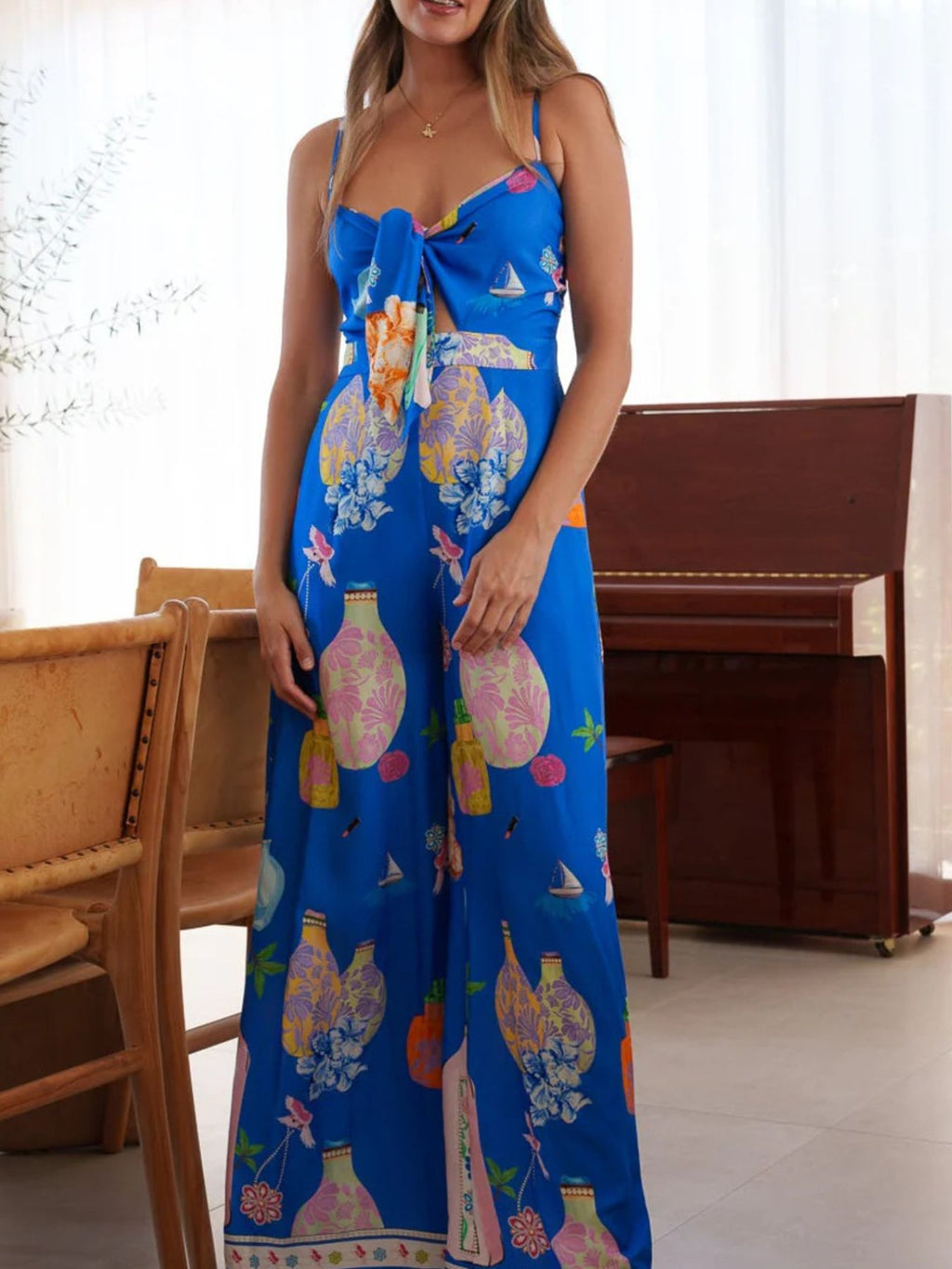 Printed Tie-Front Wide Leg Jumpsuit