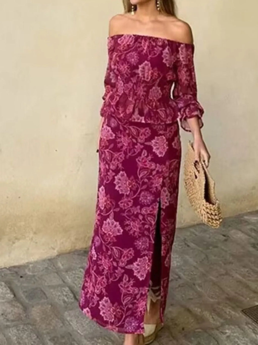 Printed Flounce Sleeve Top and Slit Skirt Set