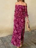 Printed Flounce Sleeve Top and Slit Skirt Set