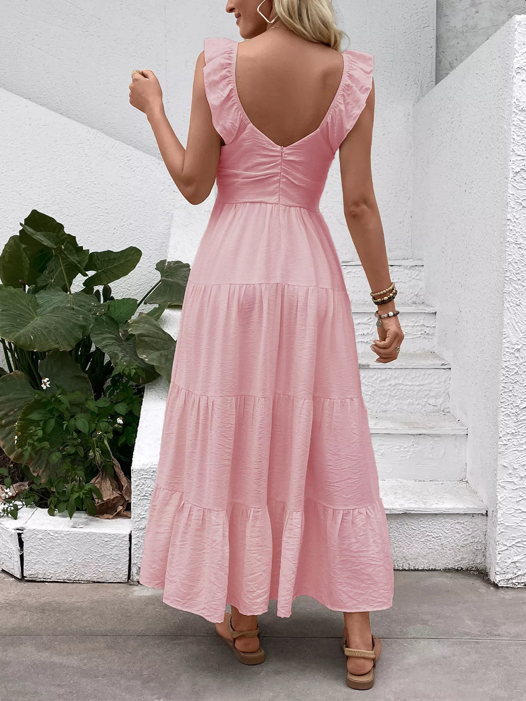 V-Neck Tiered Dress with Flutter Sleeves