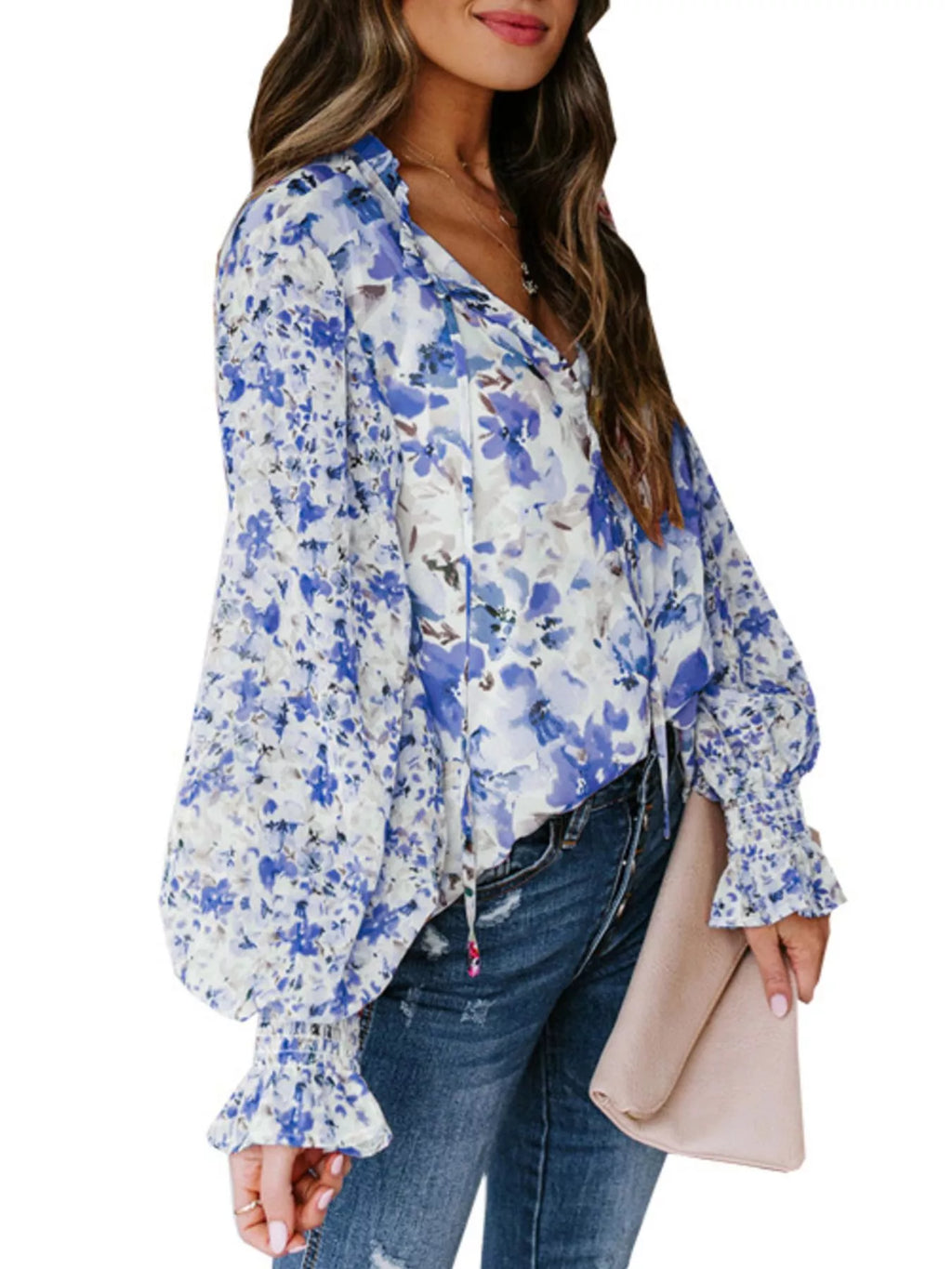 Full Size Floral Print Smocked Cuff Blouse Plus Size