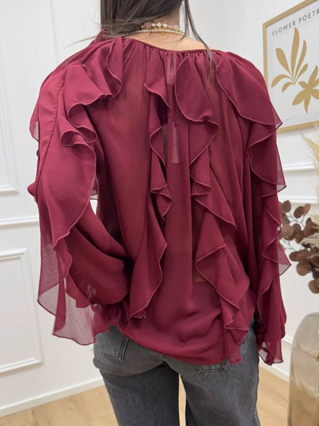 Ruffled Sheer Long Sleeve Blouse